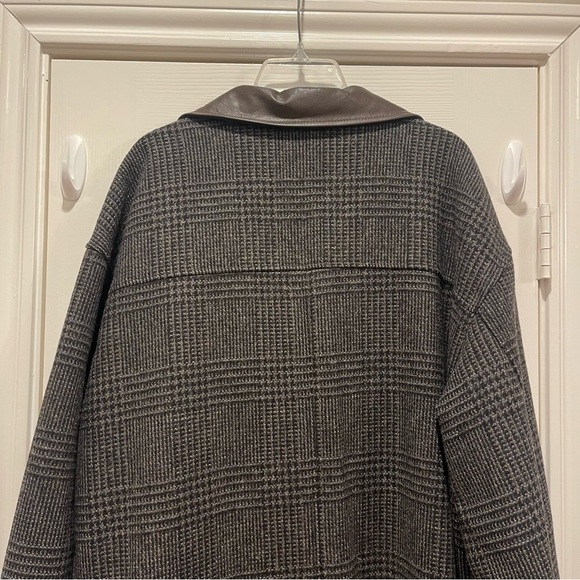 Vtg EDDIE BAUER Wool Glenn Plaid Leather Trim Overcoat Trench Coat MENS XL - Picture 6 of 9
